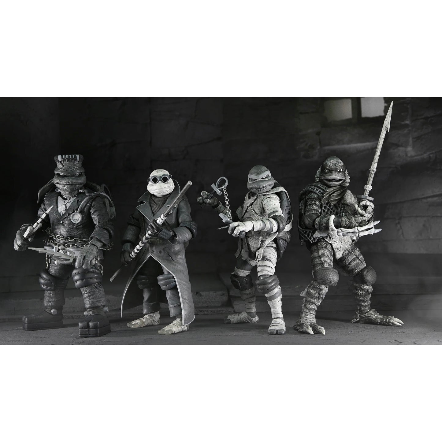 NECA: Universal Monsters x Teenage Mutant Ninja Turtles – Black & White Turtles 7” Scale Action Figure 4-Pack