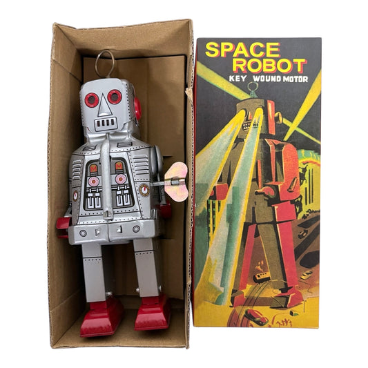 Sparky Space Robot Silver Tin Toy Wind Up